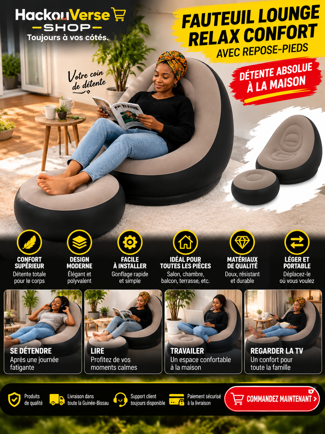 Publicité professionnelle du fauteuil lounge HackouVerse avec repose-pieds