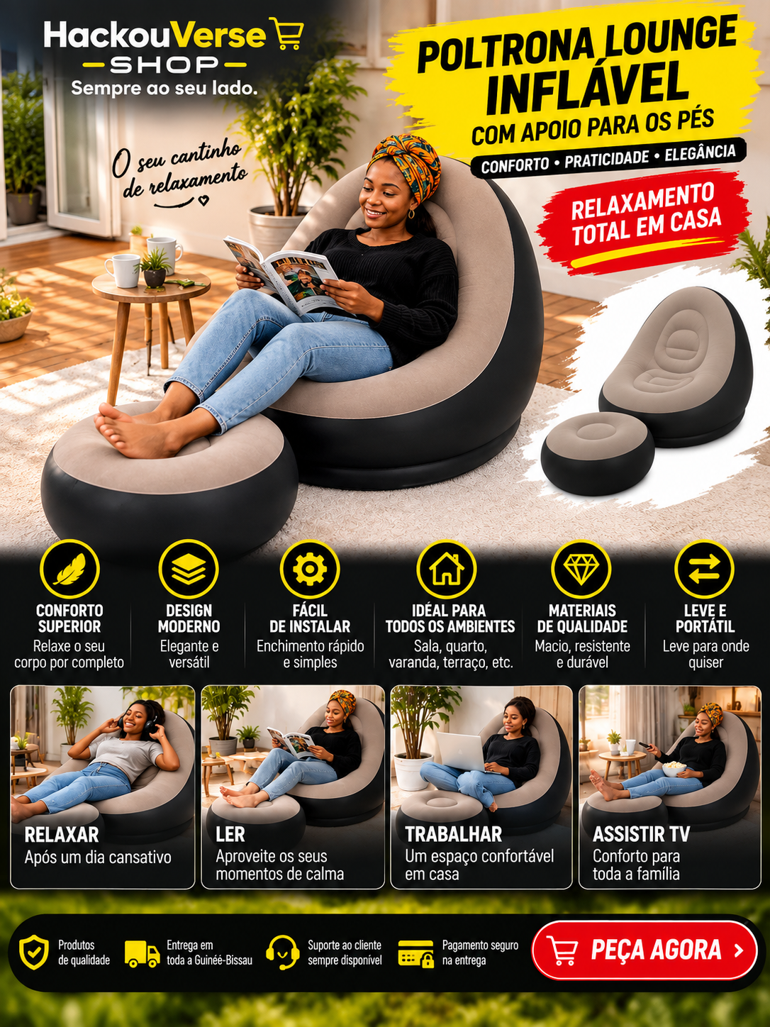 Publicidade em português da poltrona lounge HackouVerse com apoio para os pés