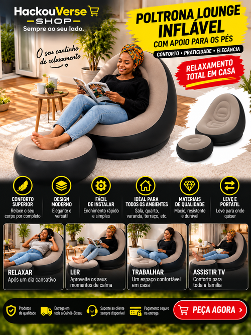 Publicidade em português da poltrona lounge HackouVerse com apoio para os pés